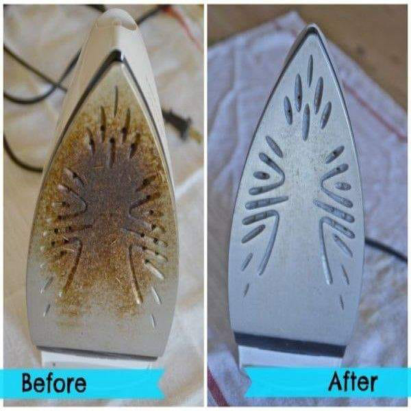 A before and after comparison showing a dirty iron soleplate cleaned by Sandys cleaning service in Verona, PA.