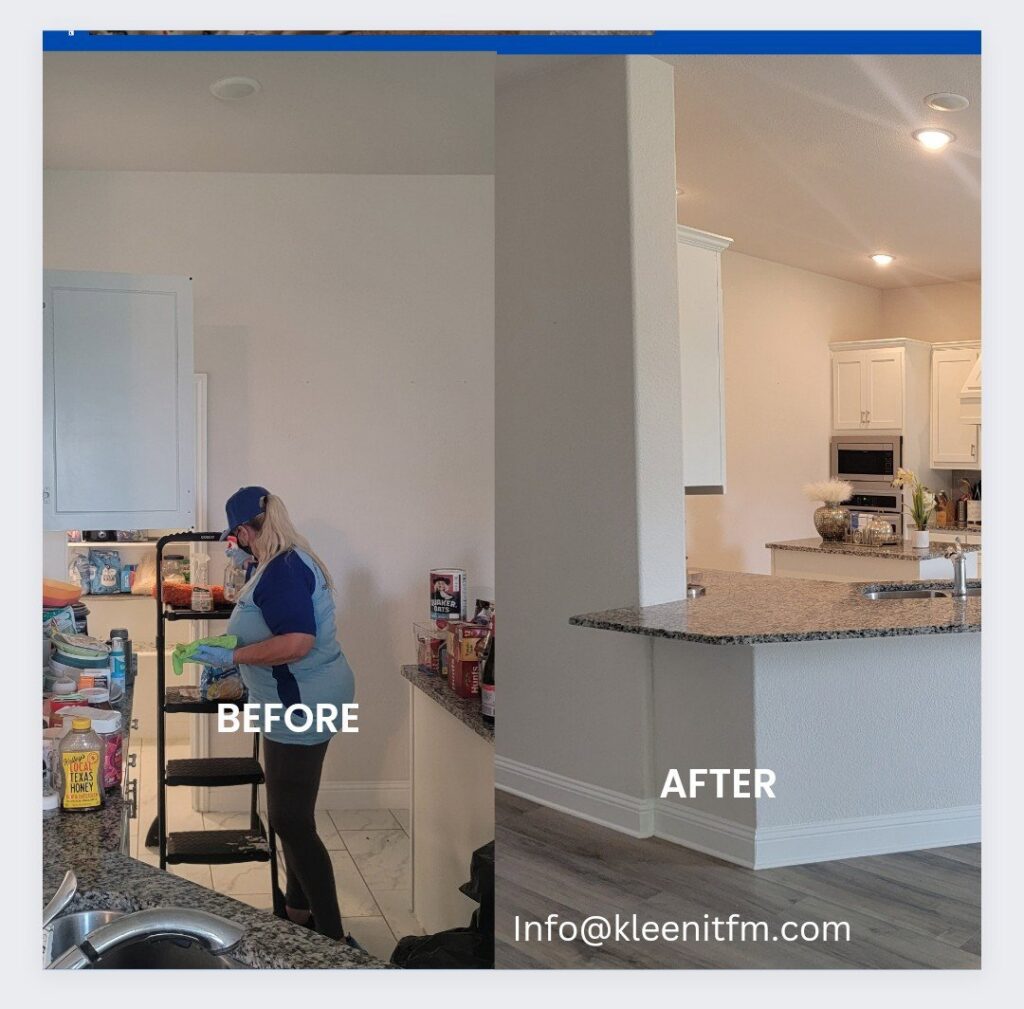 Before and after view of a kitchen, showcasing professional cleaning by Kleen-It Maids in Fort Worth, TX.