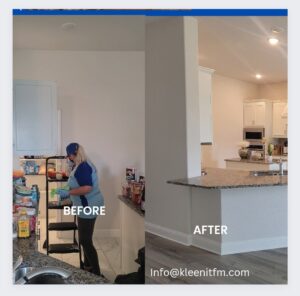 Before and after view of a kitchen, showcasing professional cleaning by Kleen-It Maids in Fort Worth, TX.