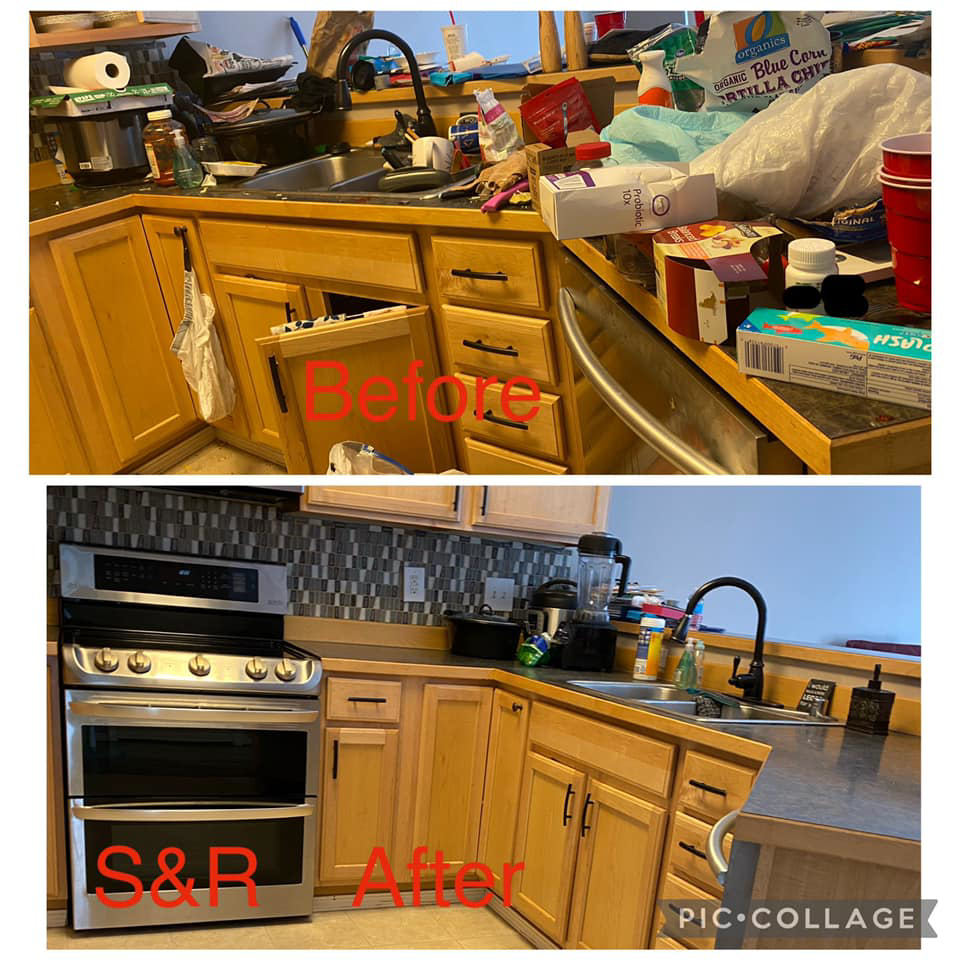 Before and after comparison of a messy kitchen, demonstrating the transformation by S&R Services LLC in Anchorage, AK.