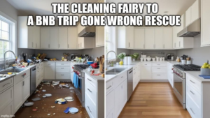 A before and after comparison showing a messy kitchen transformed into a sparkling clean space by The Cleaning Fairy in Fort Lauderdale, FL.