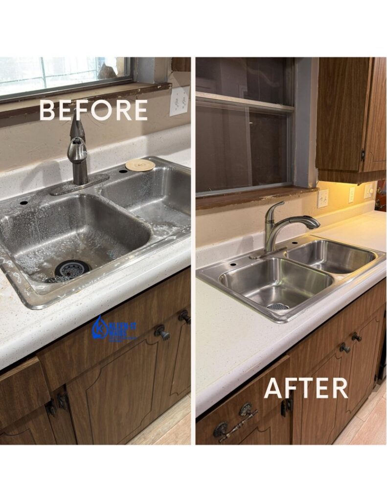 Before and after comparison of a kitchen sink and countertop, cleaned by Kleen-It Maids in Fort Worth, TX.