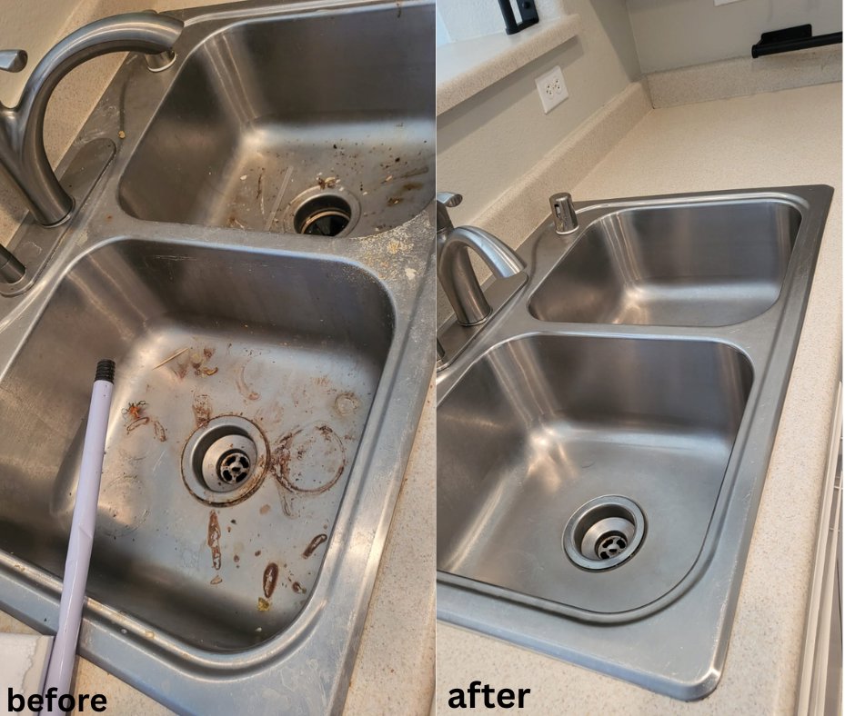 Before and after view of a sparkling clean kitchen sink by Las Vegas Janitorial Services in Las Vegas, NV