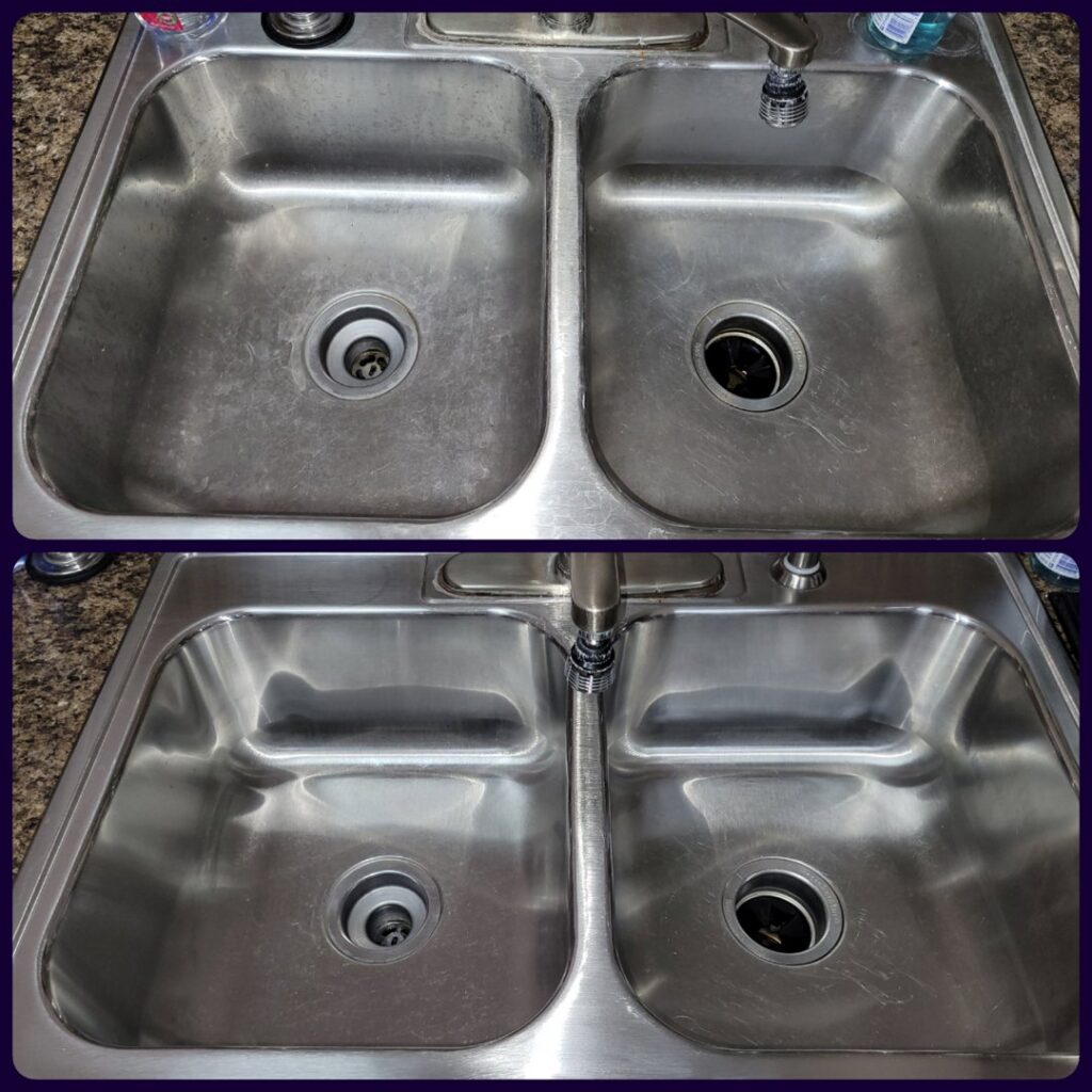 Before and after comparison of a double stainless steel kitchen sink, showcasing professional cleaning by Perfectly Polished by Paige in Raleigh, NC.