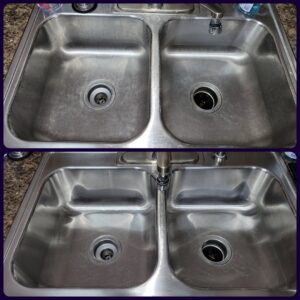 Before and after comparison of a double stainless steel kitchen sink, showcasing professional cleaning by Perfectly Polished by Paige in Raleigh, NC.