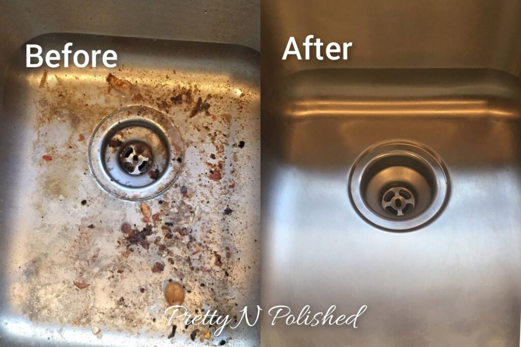 A before and after comparison of a dirty kitchen sink transformed into a sparkling clean one by Pretty & Polished Cleaning Services in Sandy, OR.