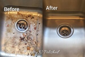 A before and after comparison of a dirty kitchen sink transformed into a sparkling clean one by Pretty & Polished Cleaning Services in Sandy, OR.