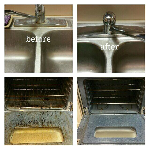 Before and after comparison of a sparkling clean kitchen sink and oven by Rife's Services in Kapolei, HI
