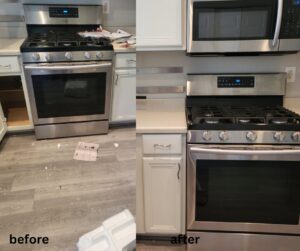 Before and after view of a clean kitchen stove and counter area by Las Vegas Janitorial Services in Las Vegas, NV