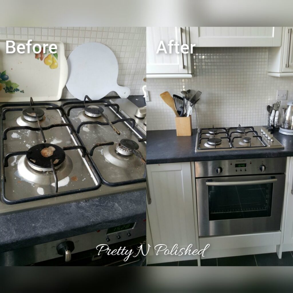 A before and after comparison of a kitchen stove and countertop, expertly cleaned by Pretty & Polished Cleaning Services in Sandy, OR.