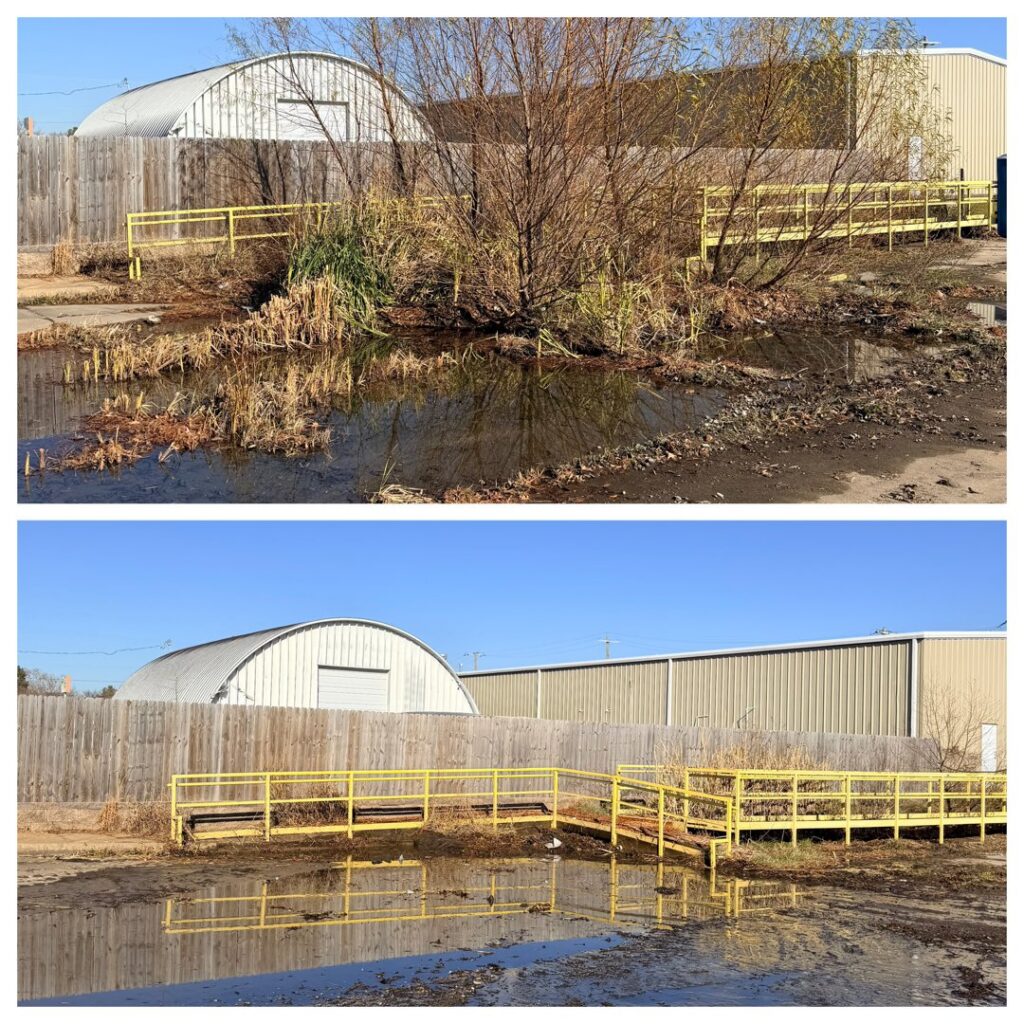 Before and after of an overgrown area cleared by All in- Landscaping and Power-washing in Fayetteville, AR.
