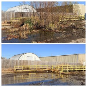Before and after of an overgrown area cleared by All in- Landscaping and Power-washing in Fayetteville, AR.