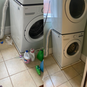 A before and after comparison of a freshly cleaned laundry room floor by Starr's Sparkling Cleaning in St. Louis, MO