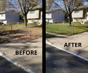 Before and after comparison of a front yard, showing thorough leaf removal and fall cleanup by TB Groundskeeping in Omaha, NE.