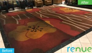 Before and after showing a large patterned lobby carpet deep cleaned and restored by Renue Systems Of Oahu in Honolulu, HI