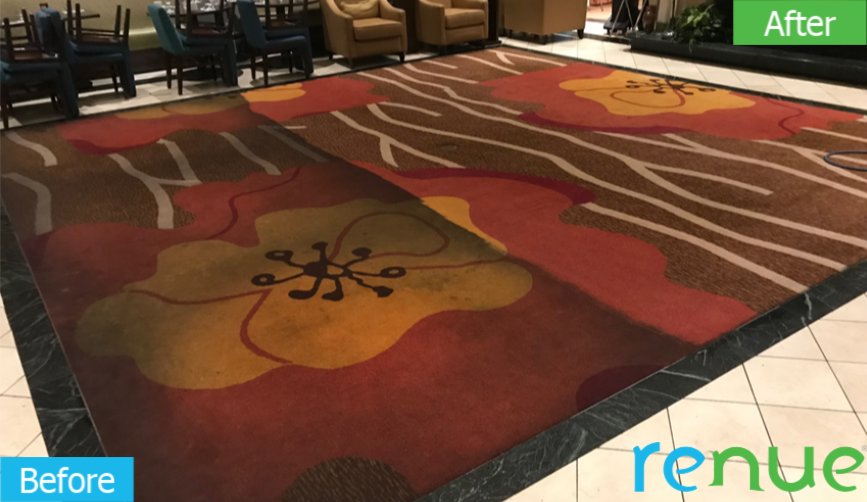 Before and after showing a large patterned lobby carpet deep cleaned and restored by Renue Systems Of Oahu in Honolulu, HI