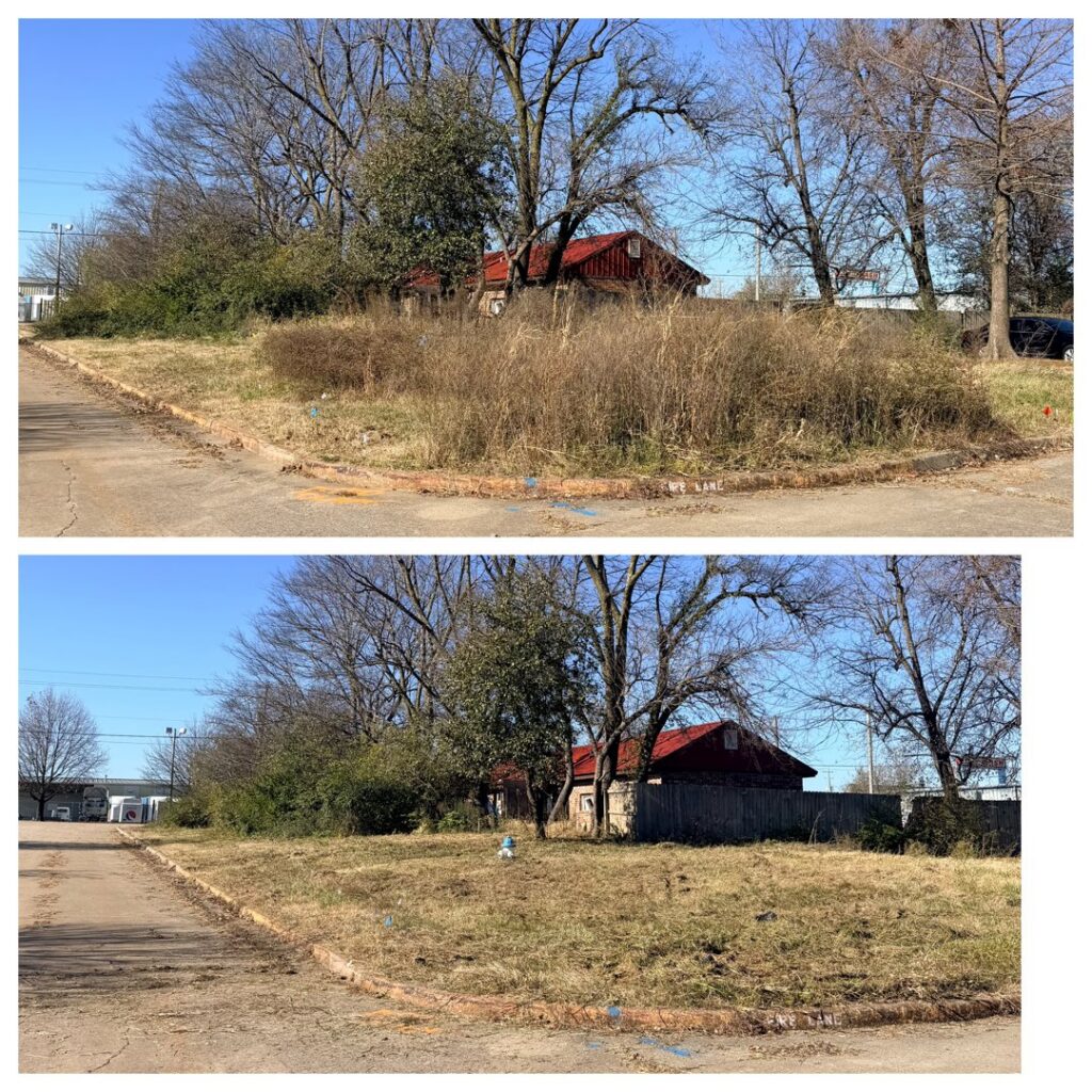 Before and after of an overgrown corner lot cleared by All in- Landscaping and Power-washing in Fayetteville, AR.