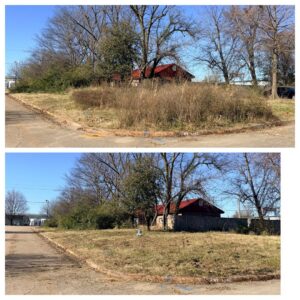 Before and after of an overgrown corner lot cleared by All in- Landscaping and Power-washing in Fayetteville, AR.