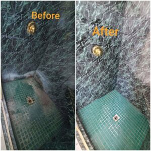 Before and after comparison of a marble shower, showing deep cleaning results by JLCleaning in Beaverton, OR.