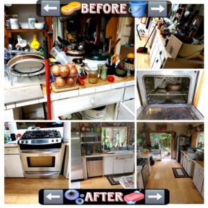 Before and after comparison of a very messy kitchen, now sparkling clean by Perfectly Maid in Spokane, WA.