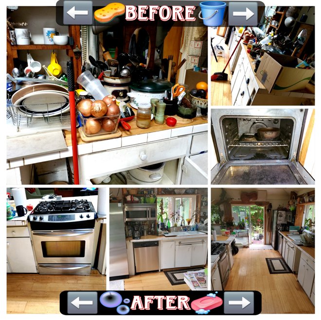 Before and after comparison of a very messy kitchen, now sparkling clean by Perfectly Maid in Spokane, WA.