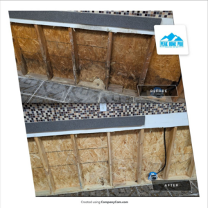 Before and after view of mold remediation on a wall by Peak Home Pro Restoration in Clovis, NM.