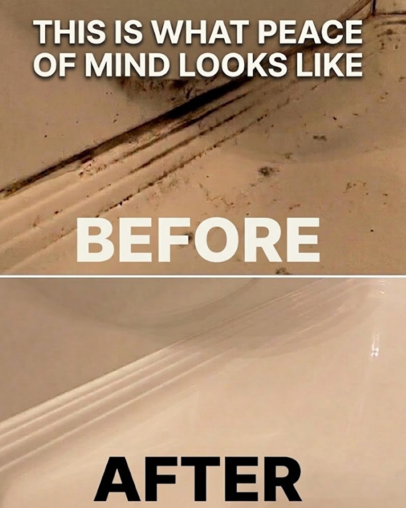 Before and after comparison of mold and grime remediation in a shower by Superior Contract Cleaning in Lafayette, LA.