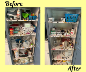 A before and after comparison showing a cluttered cabinet transformed into an organized space by Shining Light Care Services in Fort Wayne, IN.