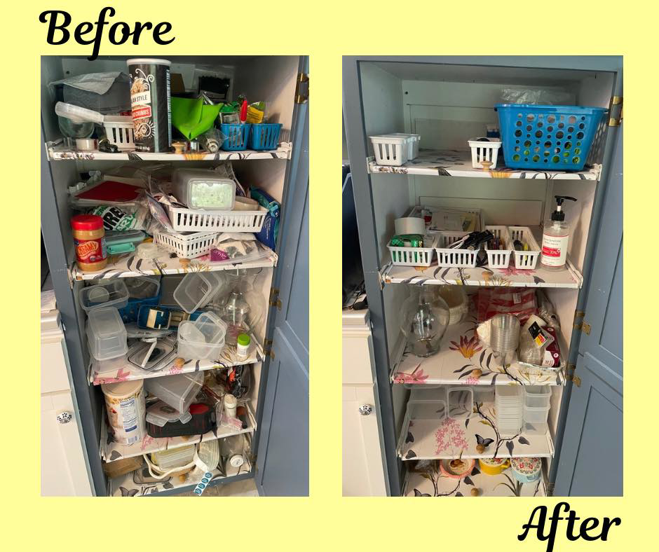 A before and after comparison showing a cluttered cabinet transformed into an organized space by Shining Light Care Services in Fort Wayne, IN.