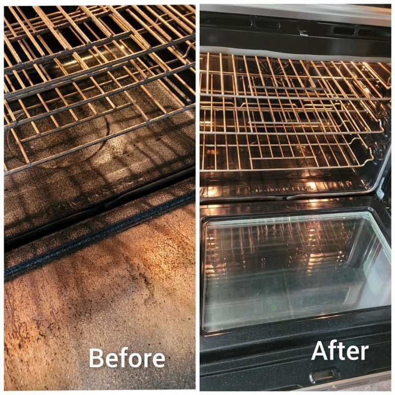 Before and after comparison of a sparkling clean oven by Anytime Commercial Cleaning, LLC in Omaha, NE.