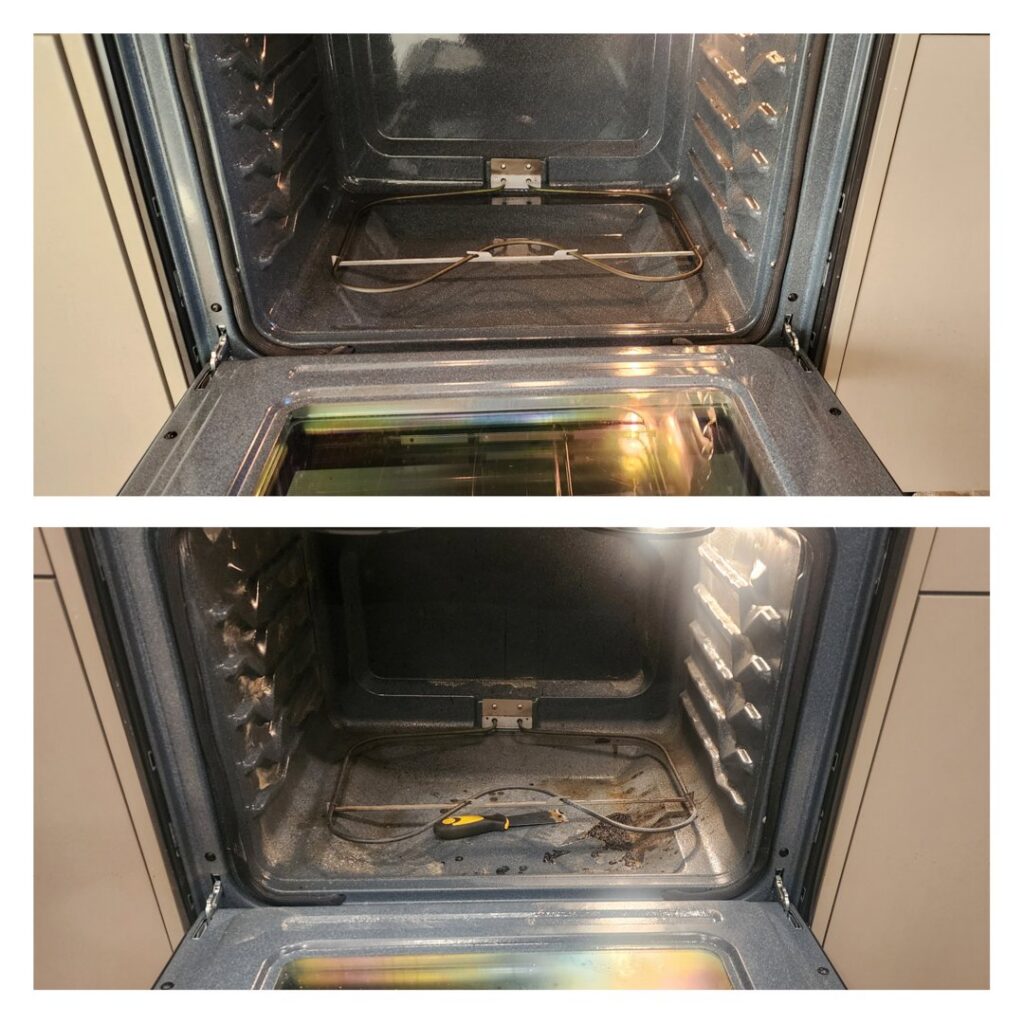 Before and after comparison of a dirty oven interior professionally cleaned by Perfectly Maid in Spokane, WA.