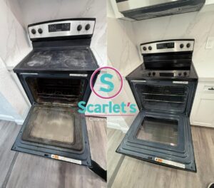 Before and after comparison of a dirty and sparkling clean oven by Scarlet Cleaning Service LLC in Bronx, NY.