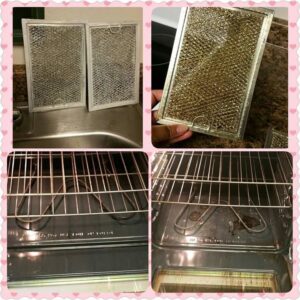 Before and after comparison of dirty oven filters and a grimy oven interior, demonstrating deep cleaning by Divine Cleaning in Fargo, ND.