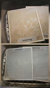 Before and after comparison of range hood filters, showing effective grease removal by Solange D Kleaner in New Bedford, MA.