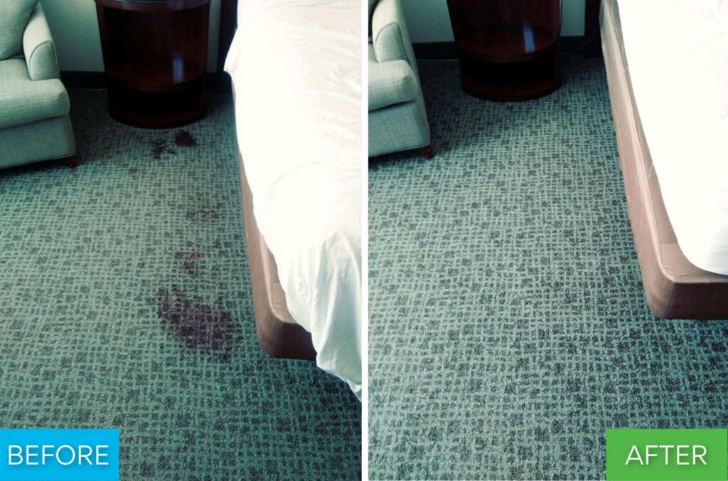 Before and after showing a large red stain completely removed from a carpet by Renue Systems Of Oahu in Honolulu, HI