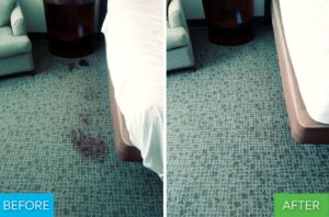 Before and after showing a large red stain completely removed from a carpet by Renue Systems Of Oahu in Honolulu, HI