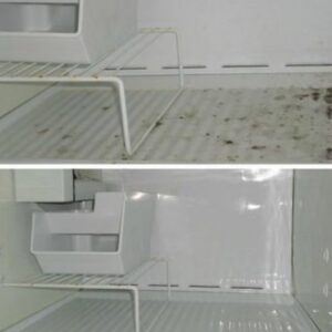 A before and after comparison of a refrigerator shelf, showing it spotless after cleaning by Flawless Home & Business Cleaning LLC in Fargo, ND.