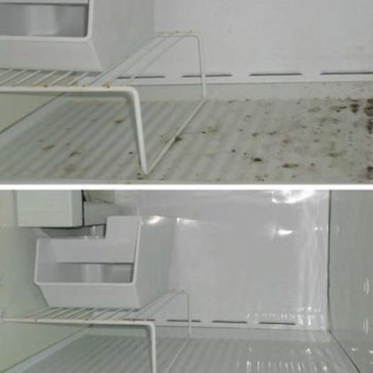 A before and after comparison of a refrigerator shelf, showing it spotless after cleaning by Flawless Home & Business Cleaning LLC in Fargo, ND.