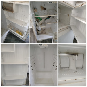 Before and after comparison of a refrigerator interior cleaned by Nicoles Cleaning Service LLC in Mobile, AL.