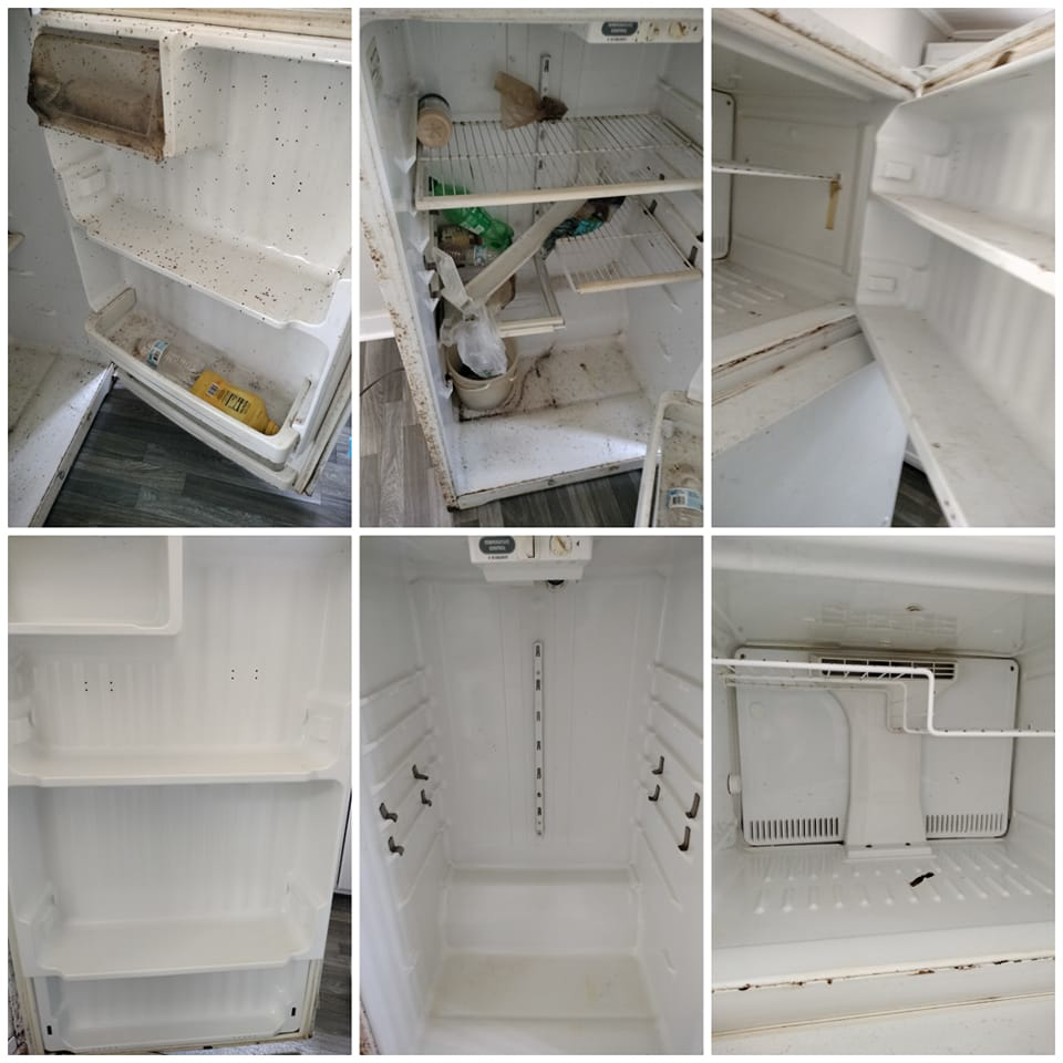 Before and after comparison of a refrigerator interior cleaned by Nicoles Cleaning Service LLC in Mobile, AL.