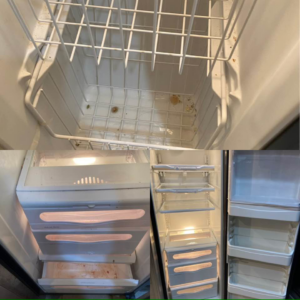 Before and after view of a sparkling clean refrigerator interior by Starr's Sparkling Cleaning in St. Louis, MO