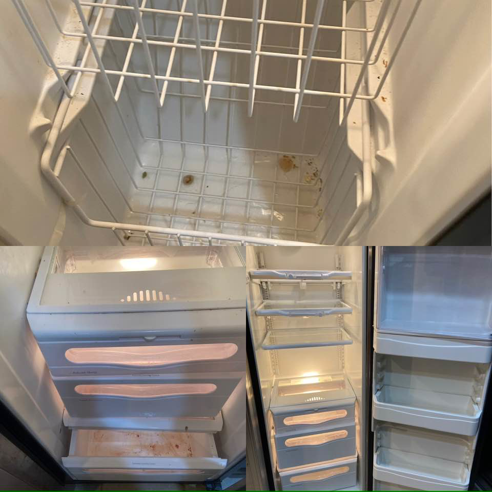 Before and after view of a sparkling clean refrigerator interior by Starr's Sparkling Cleaning in St. Louis, MO