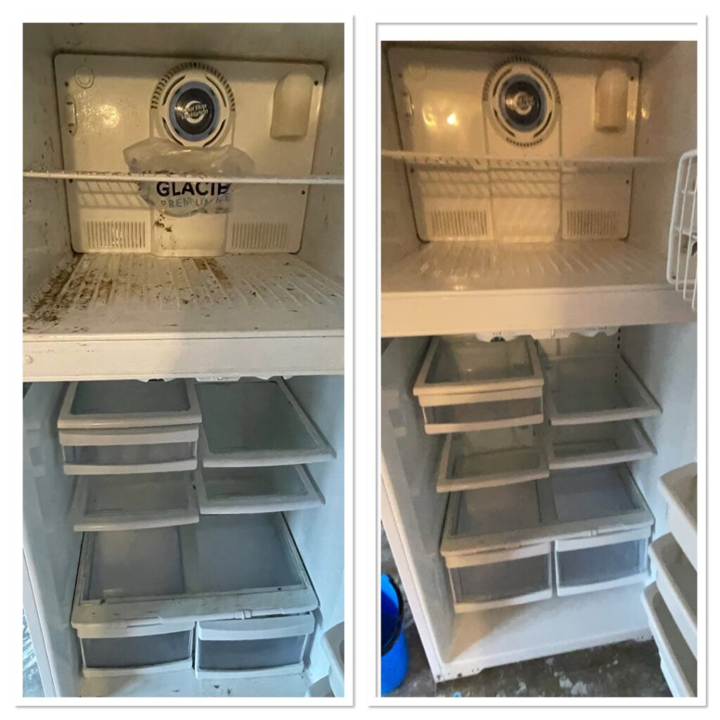 Before and after comparison of a refrigerator interior, demonstrating thorough cleaning by Straight Up Cleaning in South Portland, ME.