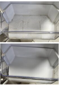 Before and after comparison of a refrigerator drawer, demonstrating interior cleaning by Perfectly Polished by Paige in Raleigh, NC.