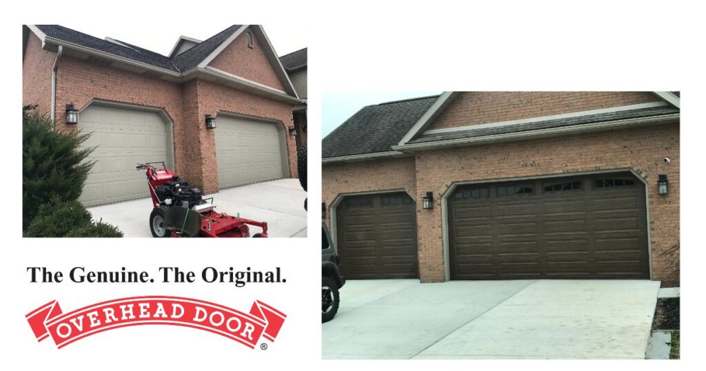 Before and after comparison of a residential garage door replacement by Overhead Door Company of Mid-Ohio Valley in Parkersburg, WV.