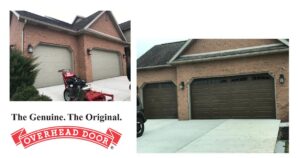 Before and after comparison of a residential garage door replacement by Overhead Door Company of Mid-Ohio Valley in Parkersburg, WV.