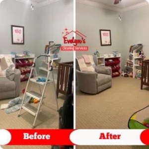 A before and after comparison of a room cleaned by Evelyn's Cleaning Services in Huntsville, AL.