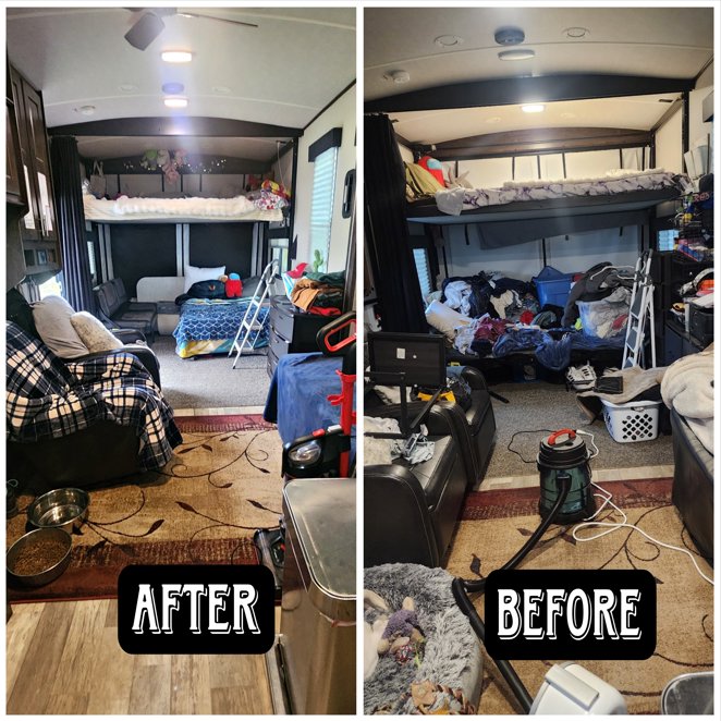 Before and after comparison of a thoroughly cleaned RV interior by Perfectly Maid in Spokane, WA.