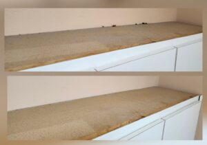 Before and after comparison of a dusty shelf, showcasing thorough cleaning services by Perfectly Polished by Paige in Raleigh, NC.