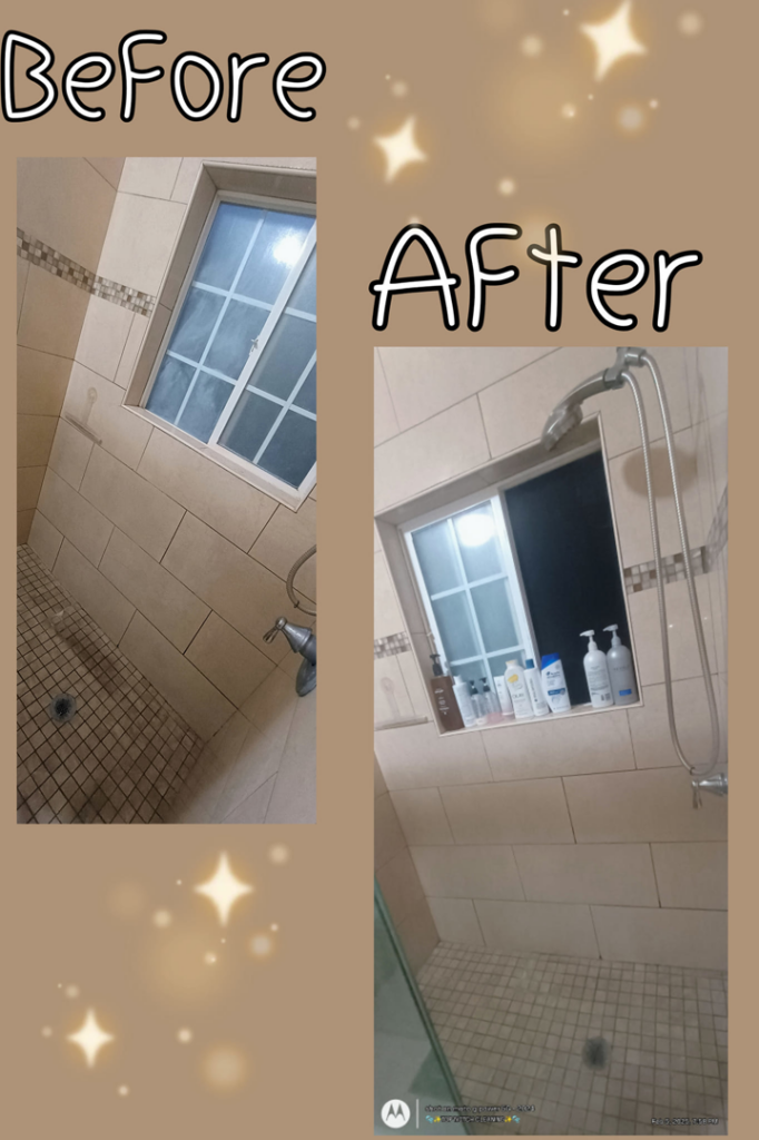 A before and after comparison showing a shower cleaned and organized by A1 Top-Notch Cleaning Service in Long Beach, CA.